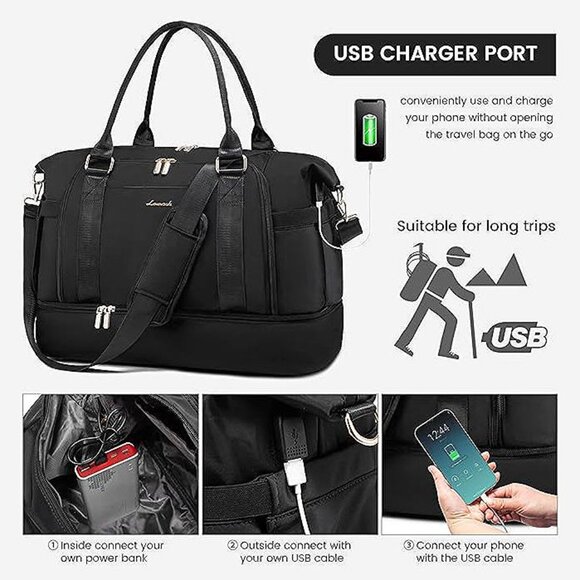 Gym Bag for Women  Travel Duffel Bag with USB Charging Port, Black - Picture 5 of 8